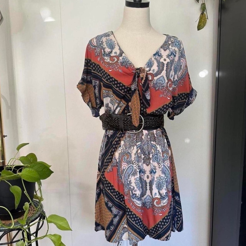 HM Womens Blue Orange Paisley Bandana Patchwork V-Neck Mini Dress Size 4